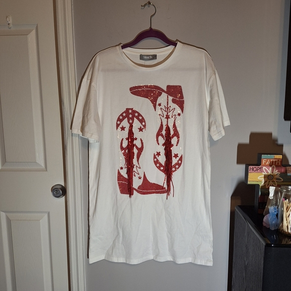 Blue B Collection Tops - Blue B. Collection White T-shirt with Red Sequin & Fringe Cowboy Boot Design